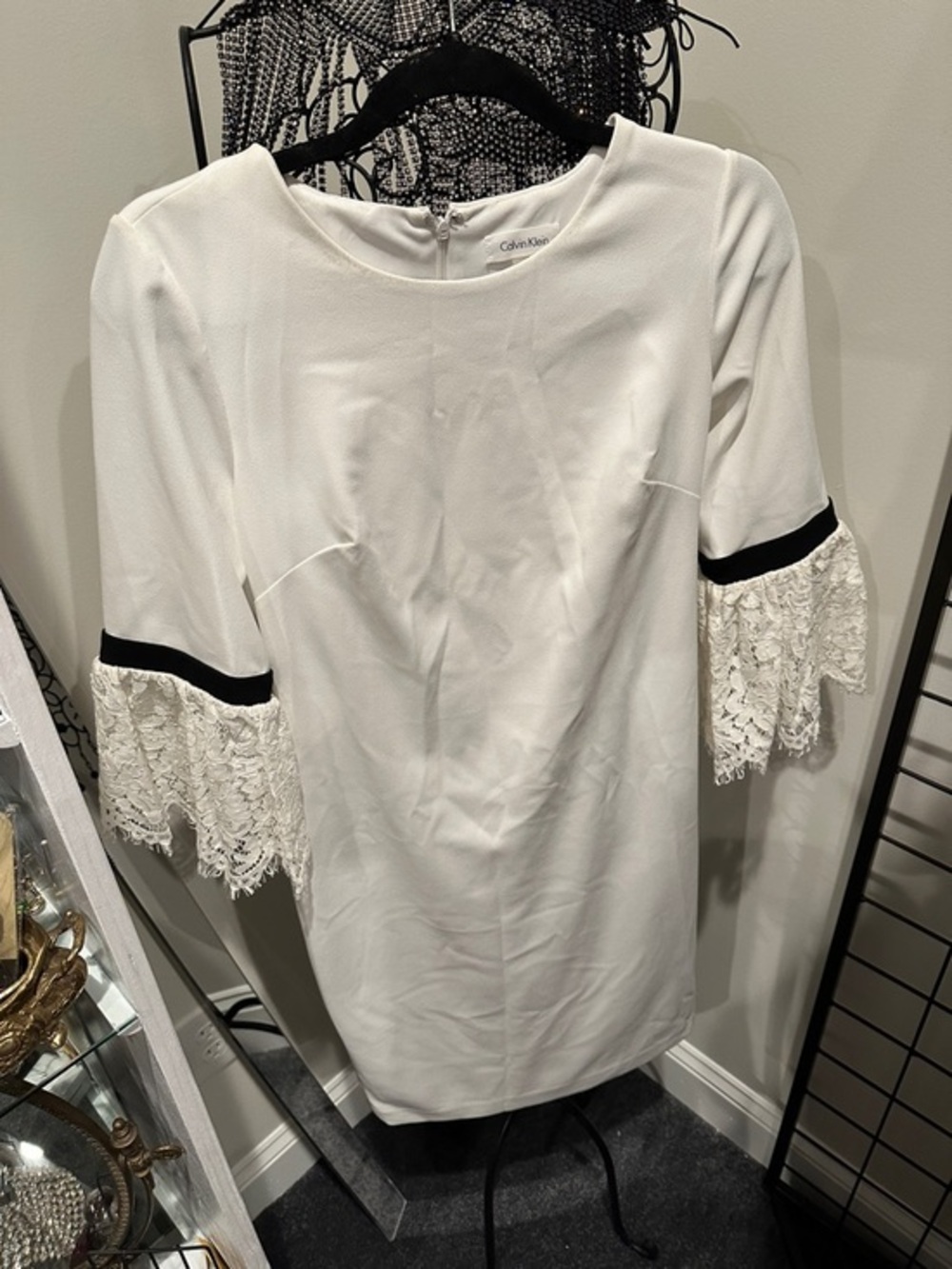 Calvin Klein White Shift Dress with Black Trim and Lace Sleeves